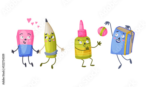 Set of funny school supplies characters. Pencil, glue bottle, textbook stationery mascots with cute faces cartoon vector illustration