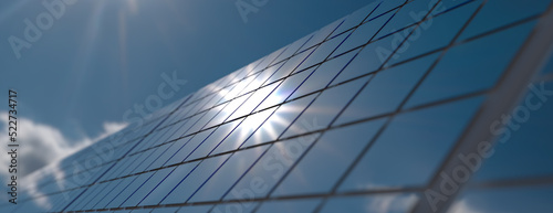 Solar panel background. Sun Above the Solar Farm. 3d rendering