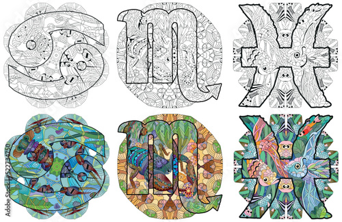 Water Signs Zodiac Pisces, Cancer and Scorpio with mandala. Vector zentangle object for coloring. Color and outline set