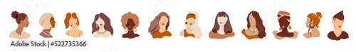 Vector women portraits set. Minimal aesthetic female avatars for social media networks. Flat style neutral colors diversity women faces collection. Different skin tones, hairstyles cartoon web icons
