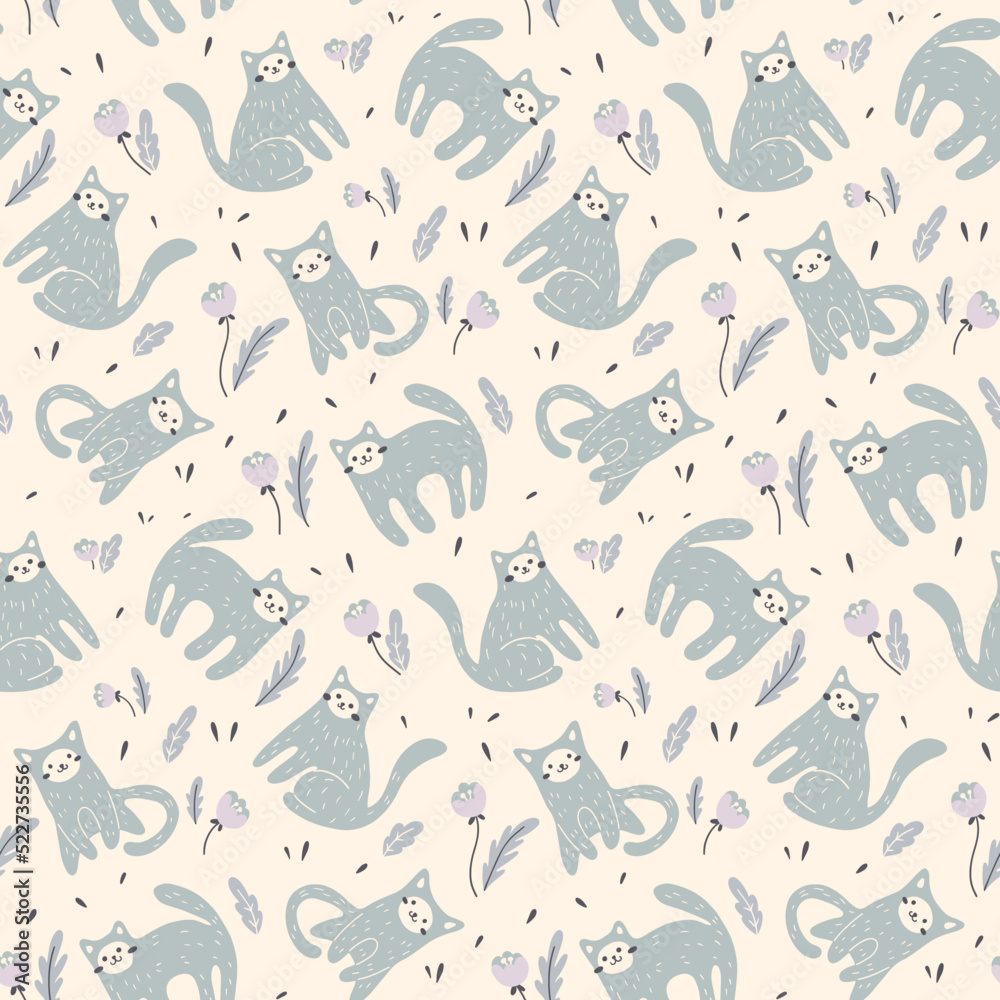 Seamless pattern with hand drawn cats in pastel colors. Cute kids print with blue kittens, flowers in an abstract composition on a white background. Vector illustration.