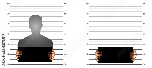Police background measuring lines mugshot in US standard and banner on two hands photo