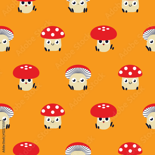 Seamless pattern with cartoon mushrooms in retro style. Cheerful print with cute fly agarics on a yellow background. Vector illustration.