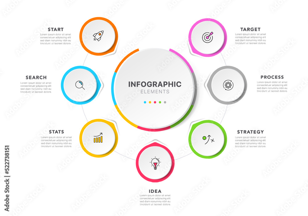 Timeline circle infographic design with 7 options or steps. Infographics for business concept. Used for presentations workflow layout, banner, process, diagram, flow chart, info graph, annual report.