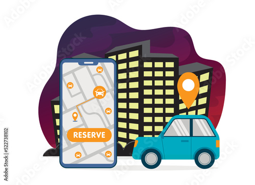Simple car sharing illustration with big smartphone with free car search and reservation map and pink car in flat style on night city skyscrapers background