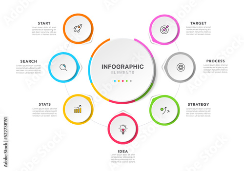 Timeline circle infographic design with 7 options or steps. Infographics for business concept. Used for presentations workflow layout, banner, process, diagram, flow chart, info graph, annual report.