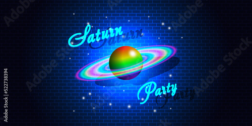 Vector bright holiday poster. Saturn party. 3d rainbow planet with luminous rings and stars against a dark brick wall