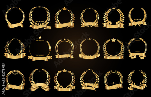 Golden laurel wreath with golden ribbon vector collection