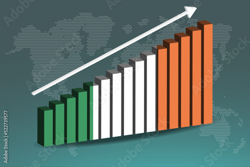 Ireland 3D bar chart graph vector, upward rising arrow on data, country statistics concept