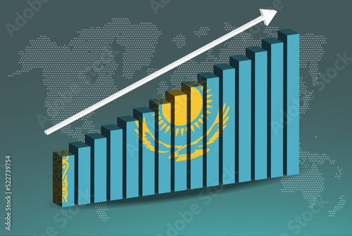 Kazakhstan 3D bar chart graph vector, upward rising arrow on data, country statistics concept