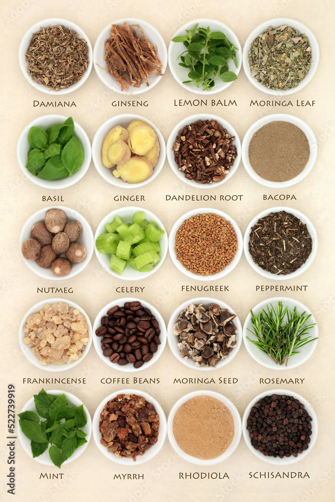 Nervine health food ingredients to support and stimulate the nervous system. Healthy natural alternative healthcare. In bowls on hemp paper background with titles. Nervine health food ingredients to support and stimulate the nervous system. Healthy natural alternative healthcare. In bowls on hemp paper background with titles.