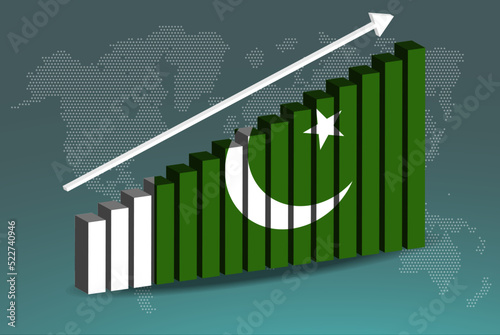 Pakistan 3D bar chart graph vector, upward rising arrow on data, country statistics concept