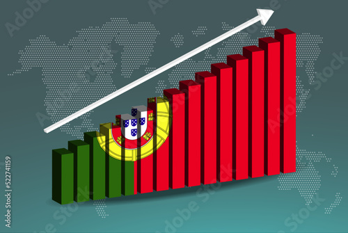 Portugal 3D bar chart graph vector, upward rising arrow on data, country statistics concept