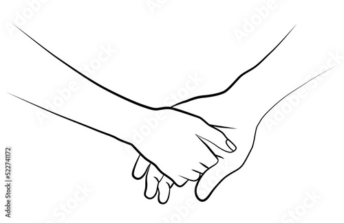 A pair of hands in a linear drawing. Continuous linear drawing of hands. Two hands are holding each other. Tattoo.