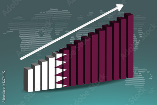 Qatar 3D bar chart graph vector, upward rising arrow on data, country statistics concept