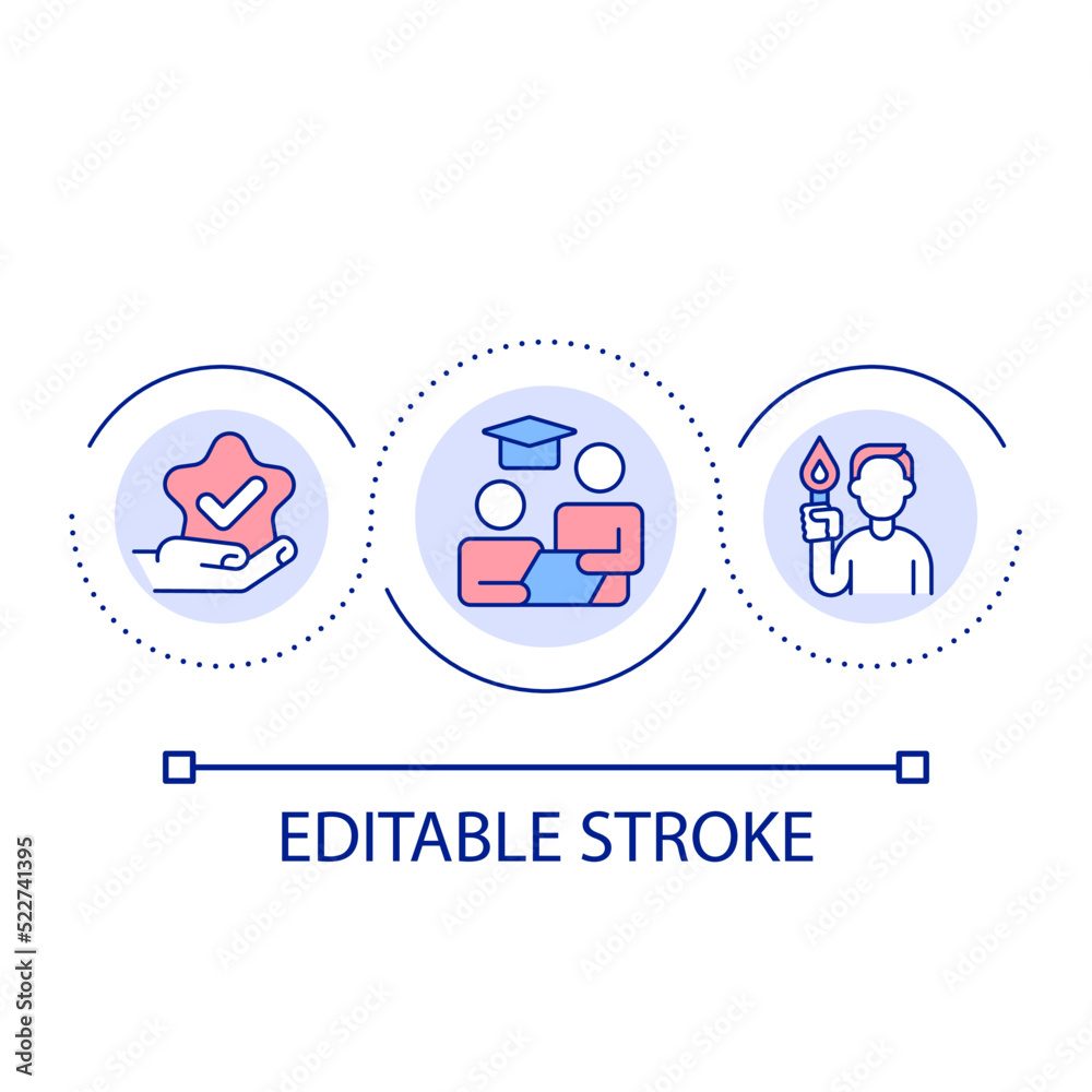 Mentor-mentee relationship loop concept icon. Employee coaching abstract idea thin line illustration. Improving professional performance. Isolated outline drawing. Editable stroke. Arial font used Mentor-mentee relationship loop concept icon. Employee coaching abstract idea thin line illustration. Improving professional performance. Isolated outline drawing. Editable stroke. Arial font used