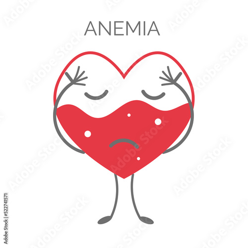 Sad Heart character with anemia. Isolated on white background. Vector illustration