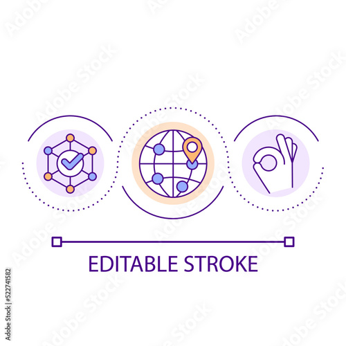 Interaction around world loop concept icon. Global network abstract idea thin line illustration. Globalization. Connecting effectively. Isolated outline drawing. Editable stroke. Arial font used