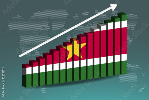 Suriname 3D bar chart graph vector, upward rising arrow on data, country statistics concept