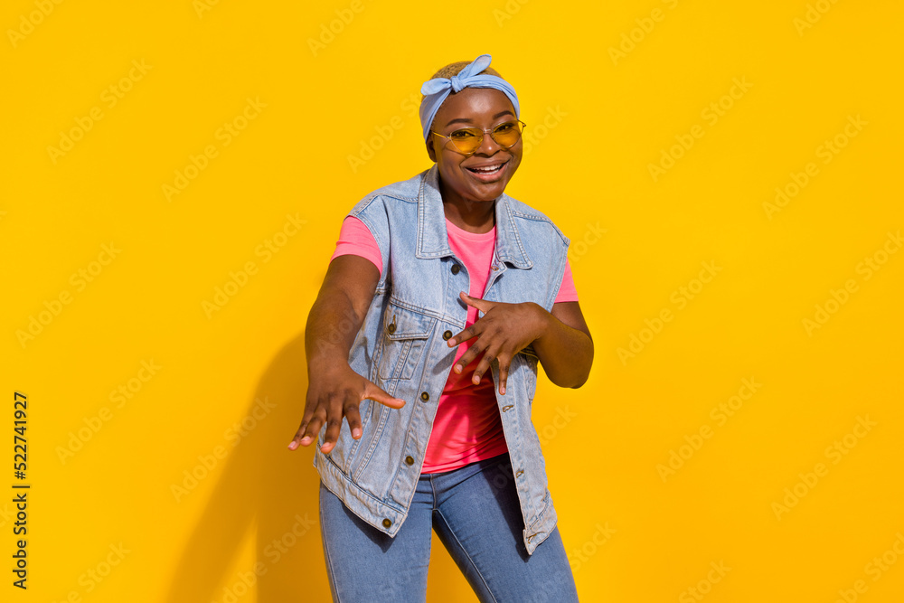 Photo of dynamic lady dancing floor enjoying free time wear stylish outfit isolated vibrant color background Photo of dynamic lady dancing floor enjoying free time wear stylish outfit isolated vibrant color background