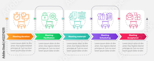 Meeting establish rectangle infographic template. Conference. Data visualization with 5 steps. Editable timeline info chart. Workflow layout with line icons. Myriad Pro-Bold, Regular fonts used