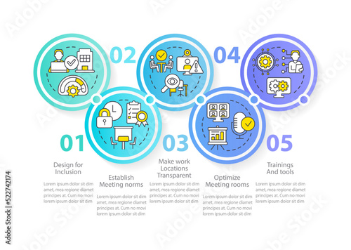 Creating hybrid workplace circle infographic template. Workplace. Data visualization with 5 steps. Editable timeline info chart. Workflow layout with line icons. Myriad Pro-Regular font used