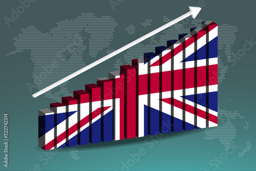 United Kingdom 3D bar chart graph vector, upward rising arrow on data, country statistics concept