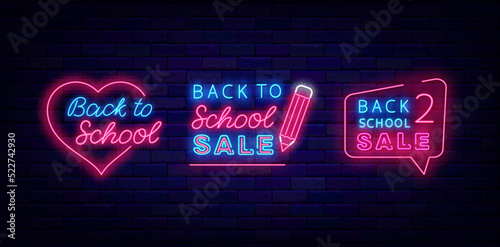 Back to school neon labels collection. Season sale design. Speech bubble and heart frame. Vector stock illustration