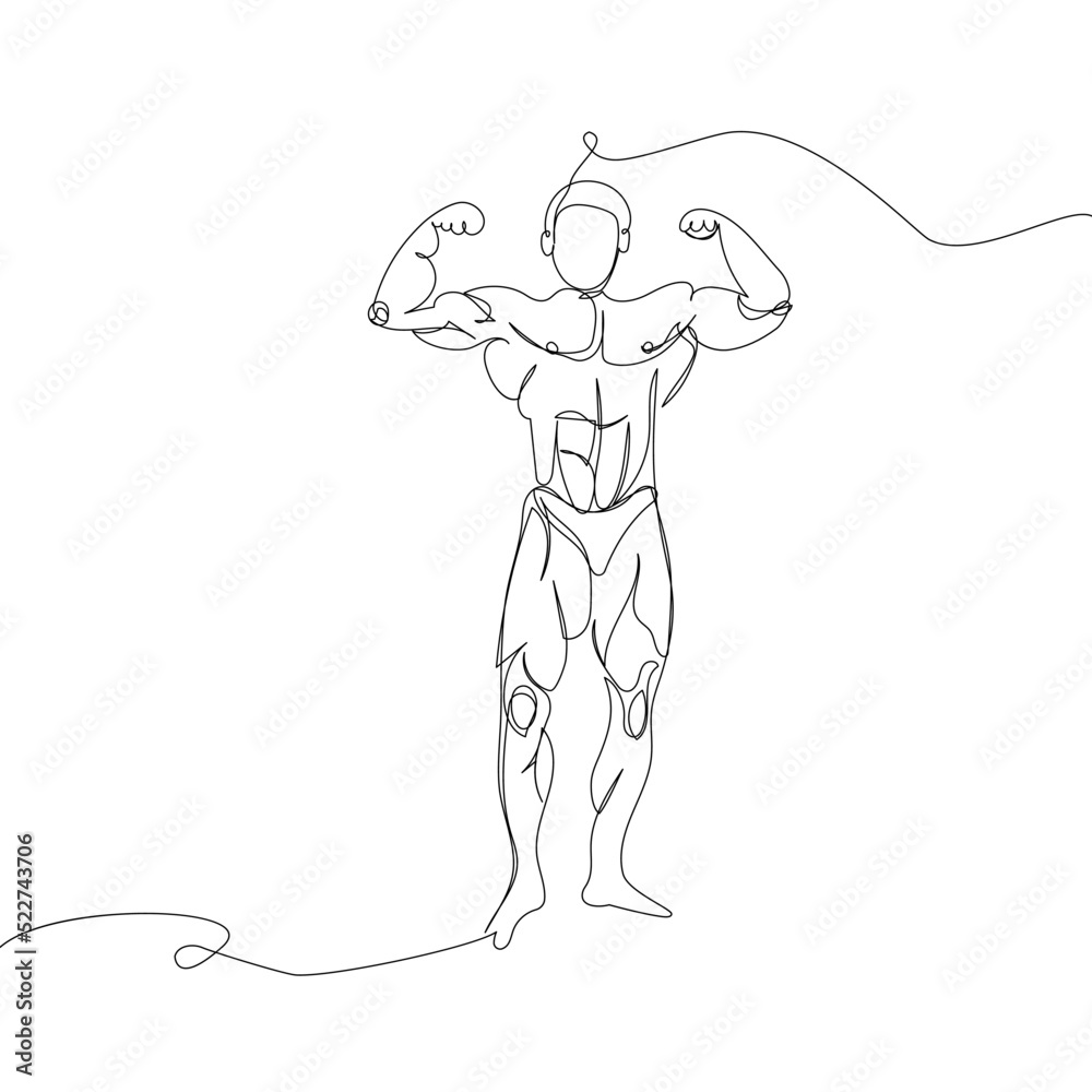 Bodybuilder posing one line art. Continuous line drawing sport, fitness, man, musculature, strength, gym, competition, physical education, athlete torso, weightlifting, muscles.