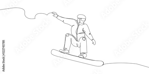 Guy riding a snowboard one line art. Continuous line drawing sport, winter sports, do tricks, snowboarding, competition, extreme, uniform, man, leisure, hobby.