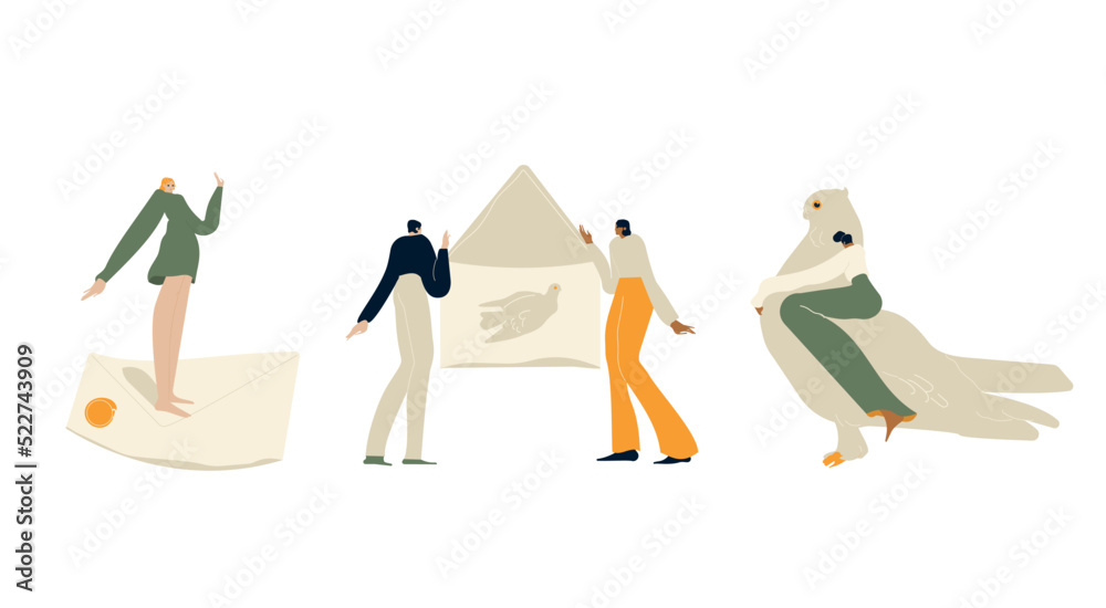 Email, messenger service concept. Characters send, receive, deliver ...