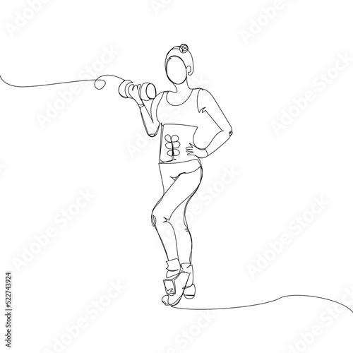 Sports girl with dumbbells in full growth one line art. Continuous line drawing sports, fitness, physical education, bodybuilding, muscle building, gym, sexy body, sports belly, woman.