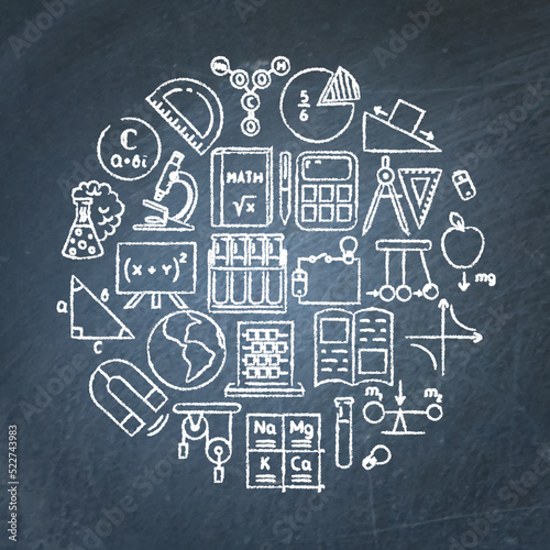 School and learning round banner on chalkboard