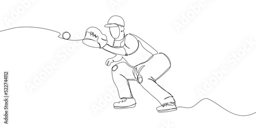 Baseball player pitcher, catcher one line art. Continuous line drawing sport, team game, catch ball, baseball glove, man, boy, baseball uniform, leisure, hobby.