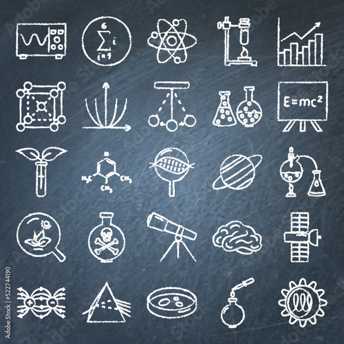 Science icon set on chalkboard