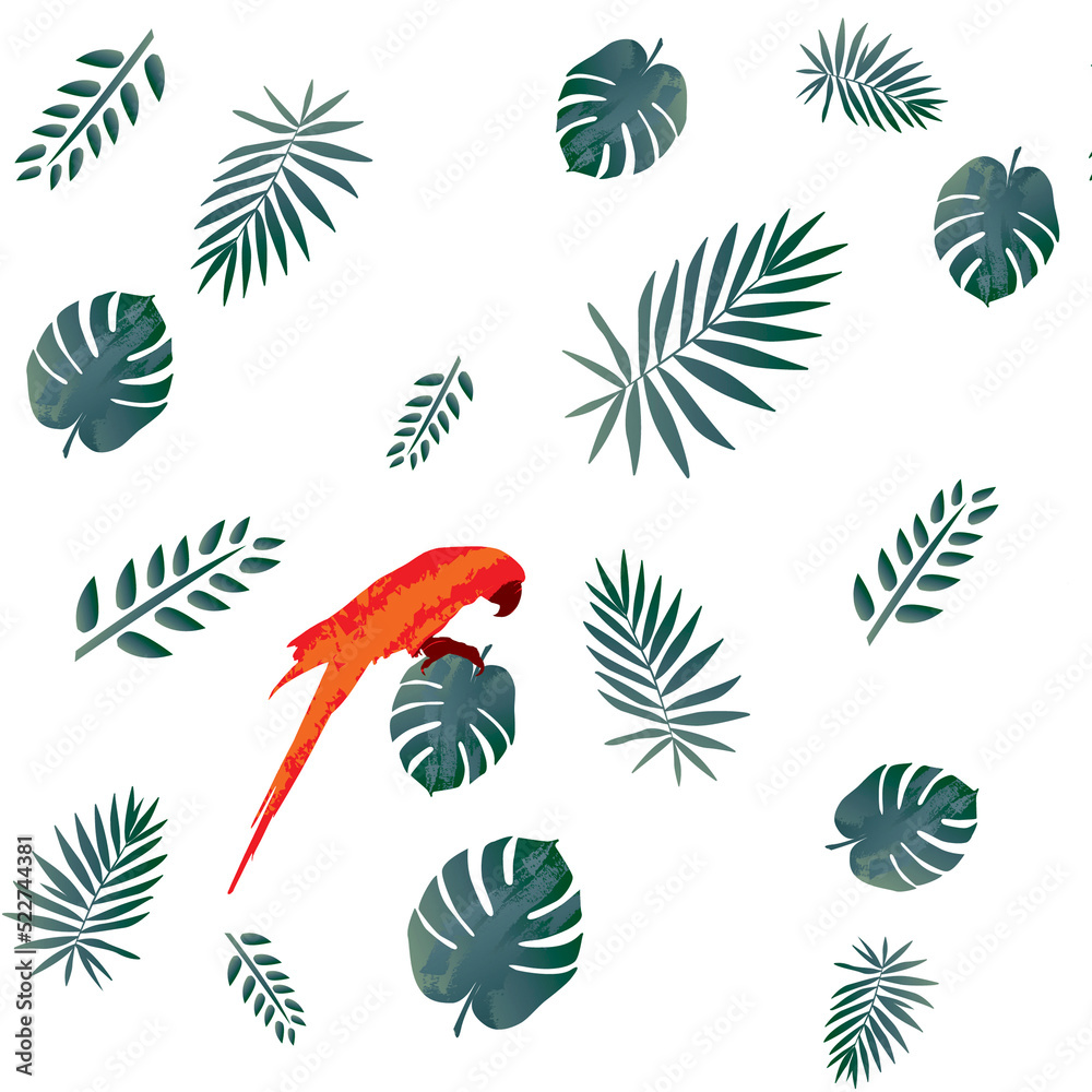 Macaw bird and tropical green leaf pattern background