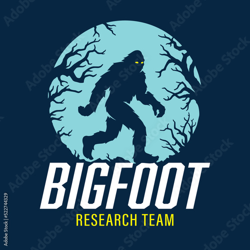 Bigfoot research team poster. Full moon sasquatch silhouette walking logo. Hairy wild man cryptid sign. Mythical forest creature in the dark woods graphic. Vector illustration.