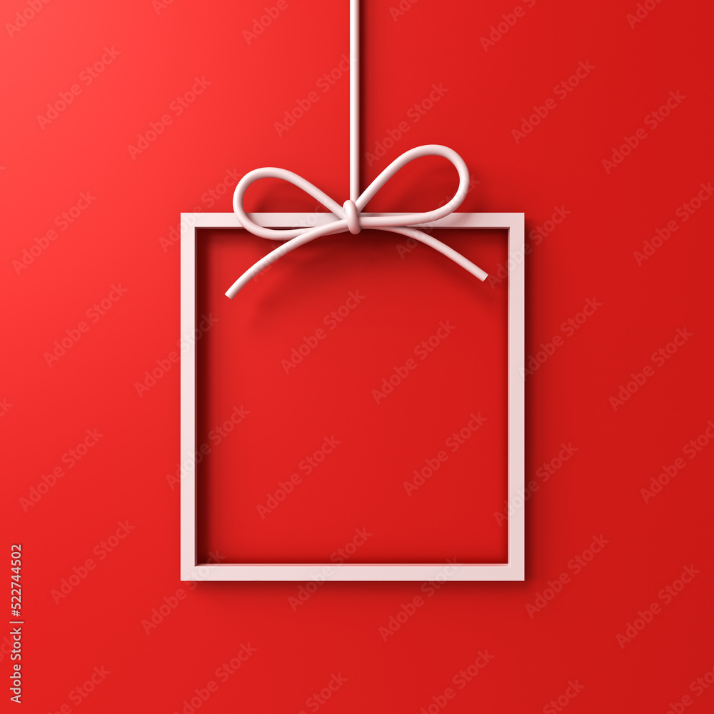 Hanging gift box frame border isolated on red background with shadow