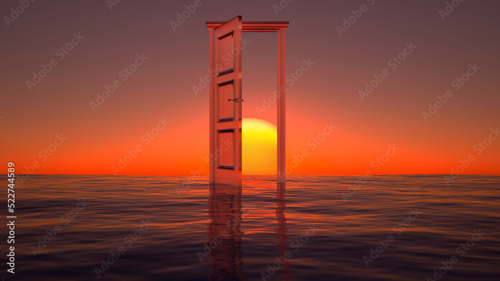 open ghost door to the sea at sunset