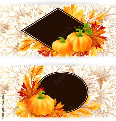 Autumn banners with pumpkin and fall maple tree leaves.