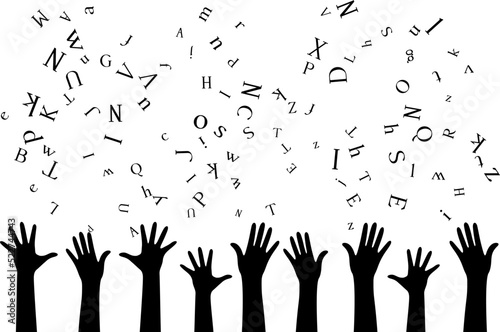Hands with flying up letters . Vector decoration from scattered elements. Monochrome isolated silhouette. Conceptual illustration.