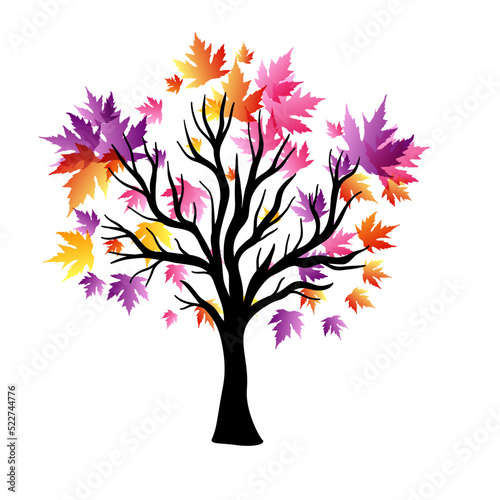Tree with flying around colorful autumn leaves. Vector decoration from scattered elements. Colorful isolated silhouette. Conceptual illustration. © KsanaGraphica