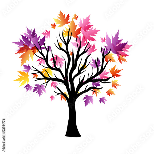 Tree with flying around colorful autumn leaves. Vector decoration from scattered elements. Colorful isolated silhouette. Conceptual illustration.