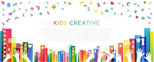 Colorful books, children hands up and fun letters confetti. Horizontal frame. Kids creative conceptual vector illustration.