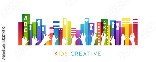 Colorful books with children hands up. Horizontal divider. Kids creative conceptual vector illustration.