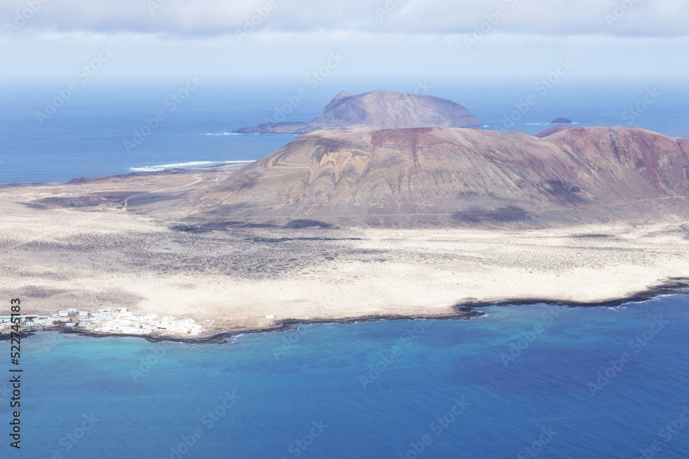 
Panoramic view of the volcanic island of La Graciosa in the Atlantic Ocean, Canary Islands, Spain