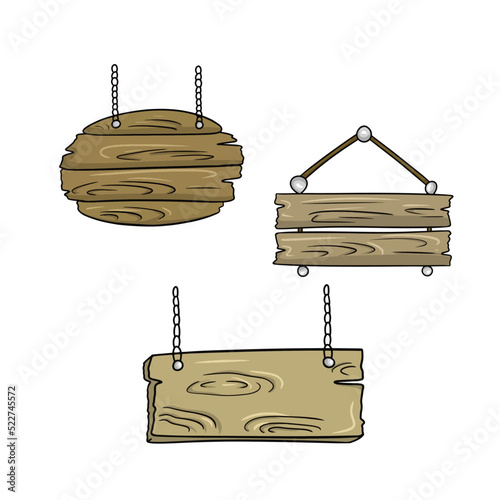 A set of icons, various brown wooden signs on a chain, a stand for advertising, vector cartoon