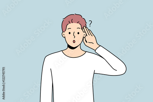 Young man make hand gesture listening to news on information. Confused male wonder about gossip or hearsay. Vector illustration. 