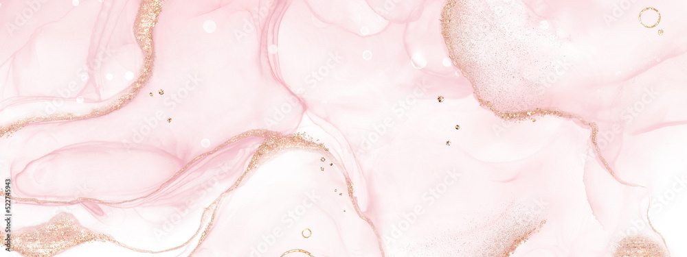 Abstract fluid art with pink alcohol ink technique and gold splash