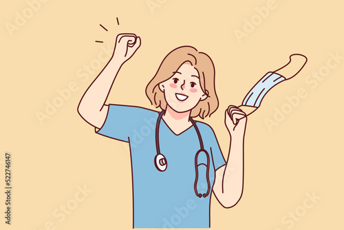 Overjoyed medical specialist take off face mask celebrate end of lockdown. Smiling doctor or nurse remove facial mask feeling optimistic. Vector illustration. 
